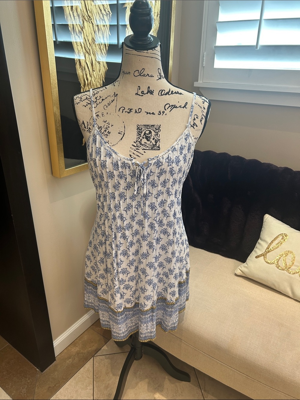 American Rag White and Blue Floral Tie-Front Mini Dress